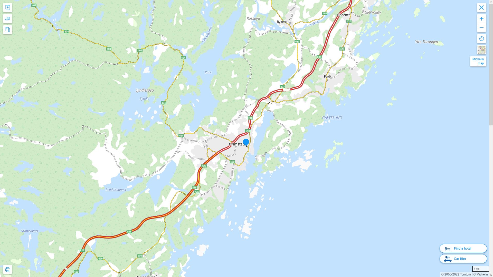 Grimstad Highway and Road Map